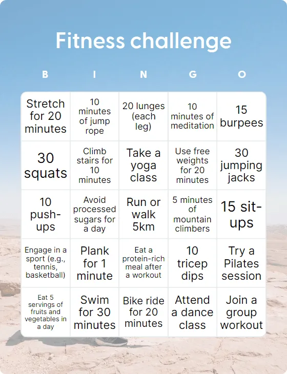 Fitness challenge bingo card template