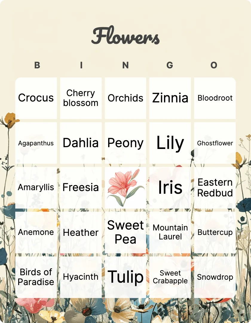 Flowers bingo card