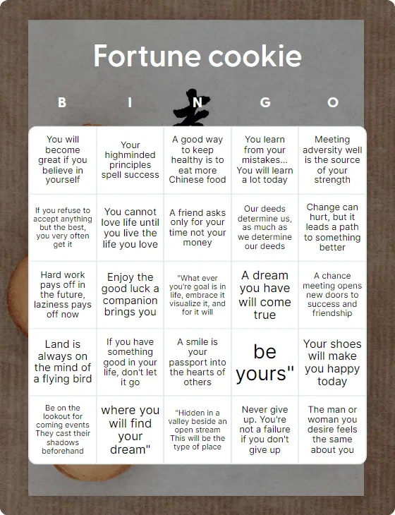 Fortune cookie bingo card template