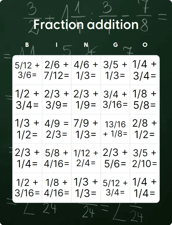 Fraction addition bingo card template