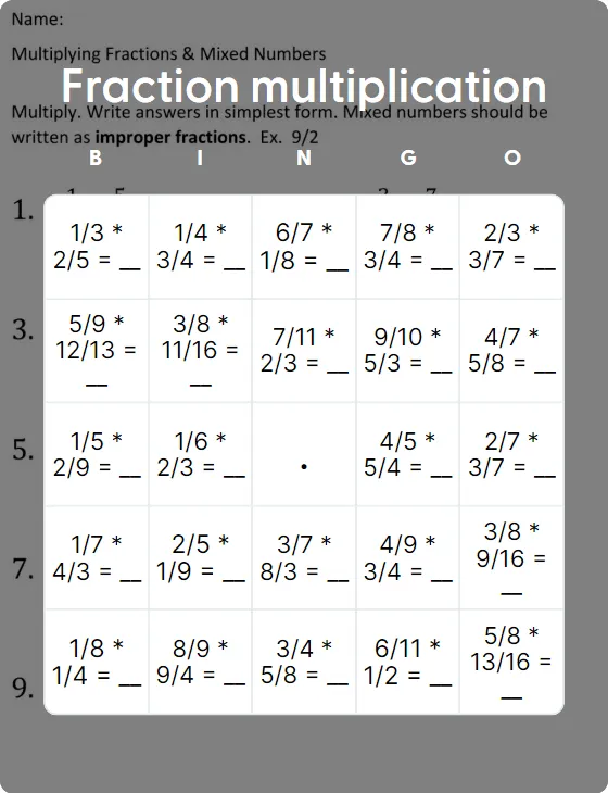 Fraction multiplication bingo card template
