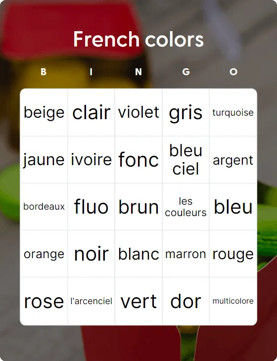French colors bingo card
