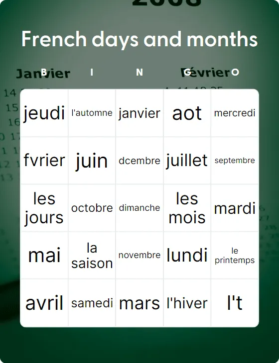 French days and months bingo card