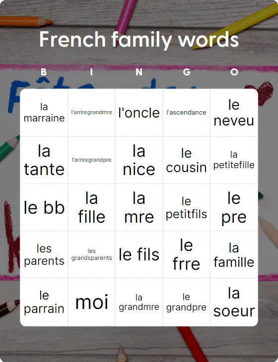French family words bingo card template
