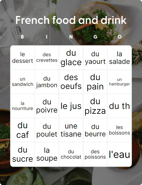 French food and drink bingo card