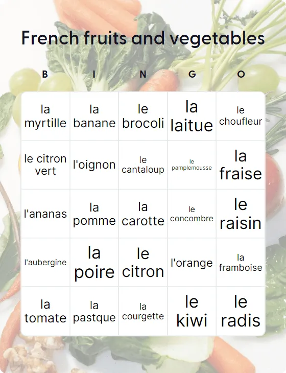 French fruits and vegetables bingo card template