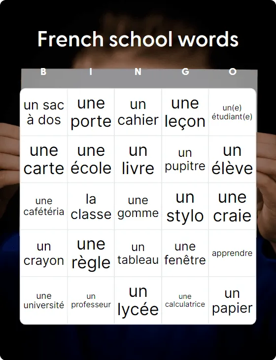 French school words bingo card template