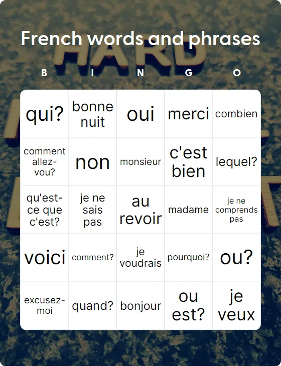 French words and phrases bingo card template