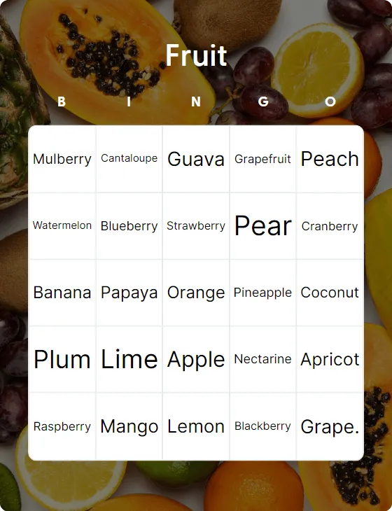 Fruit bingo card template