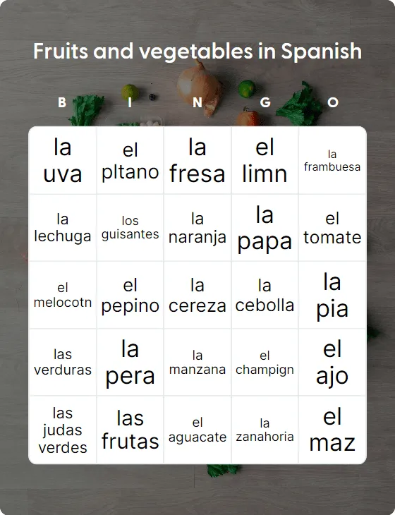 Fruits and vegetables in Spanish bingo card template