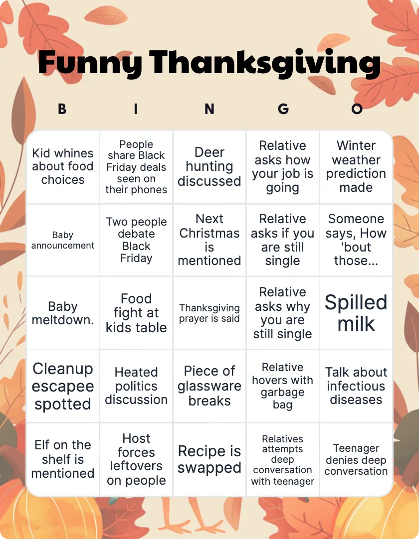 Funny Thanksgiving bingo card