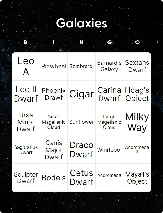 Galaxies bingo card template