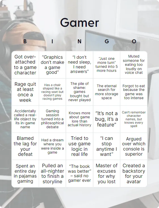 Gamer bingo card template