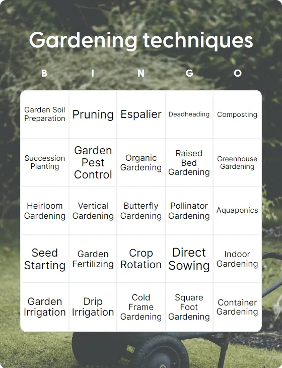 Gardening techniques bingo card