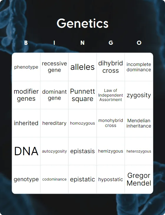 Genetics bingo card