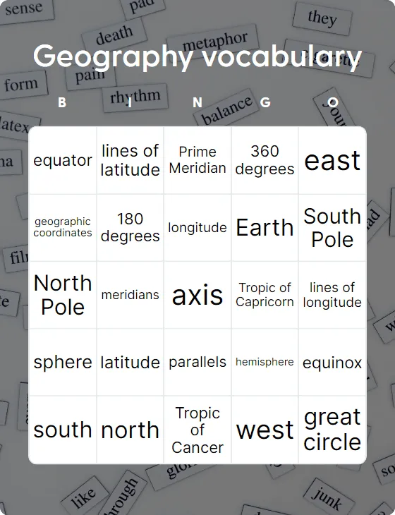 Geography vocabulary bingo card