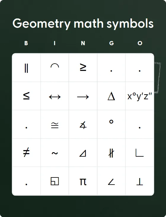 Geometry math symbols bingo card template