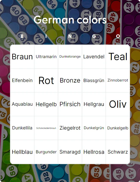 German colors bingo card