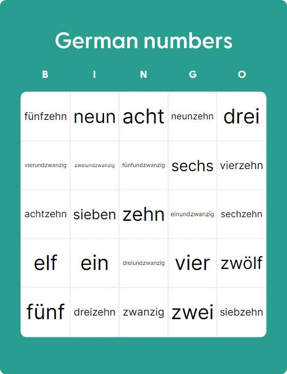 German numbers bingo card template