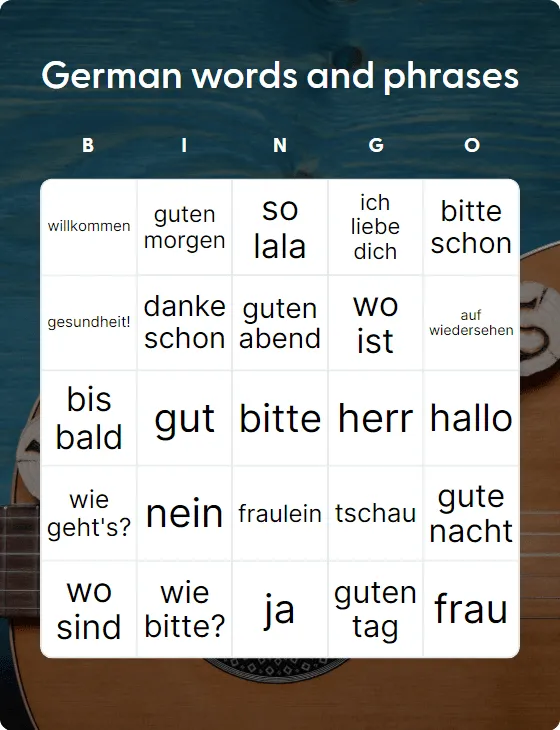 German words and phrases bingo card template