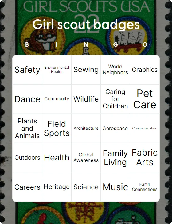 Girl scout badges bingo card template