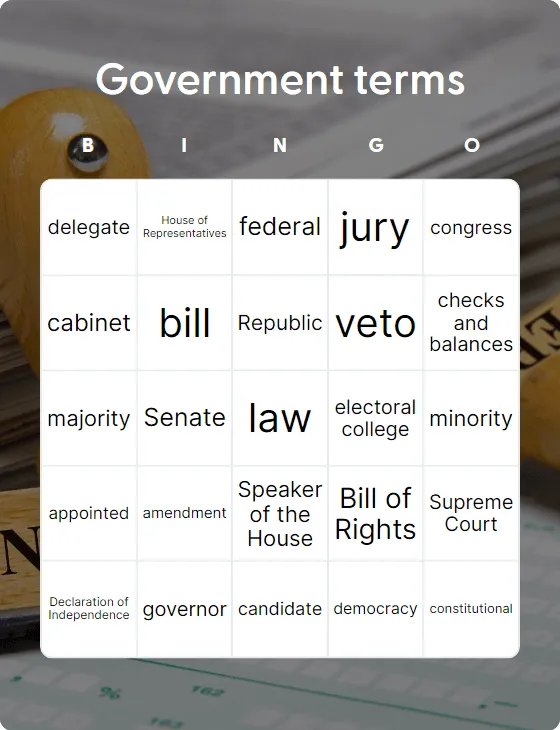 Government terms bingo card template