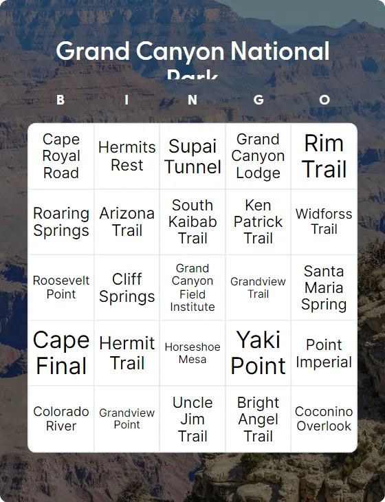 Grand Canyon National Park bingo card
