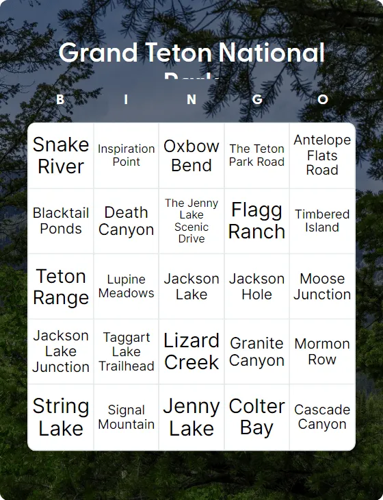Grand Teton National Park bingo card