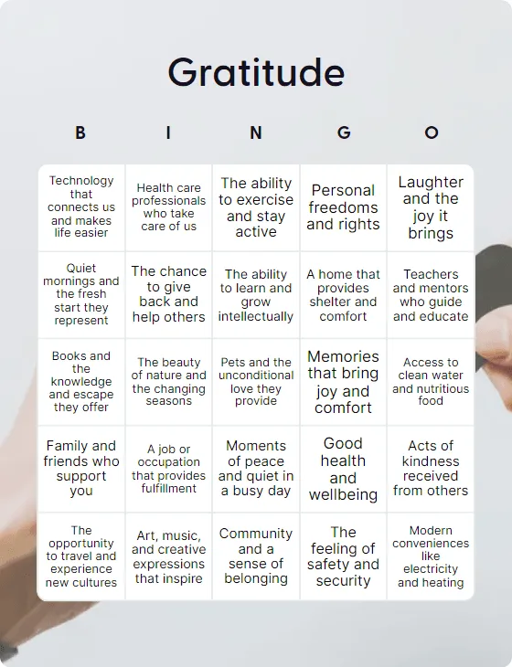 Gratitude bingo card
