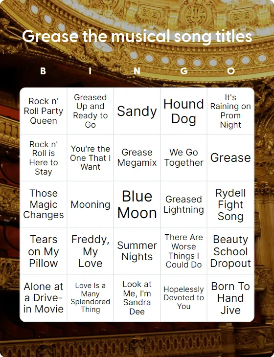 Grease the musical song titles bingo card template
