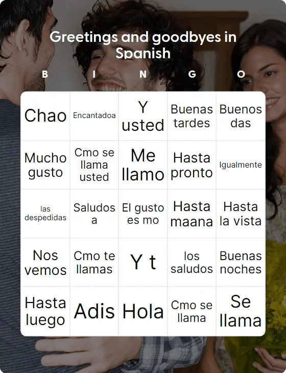 Greetings and goodbyes in Spanish bingo card template