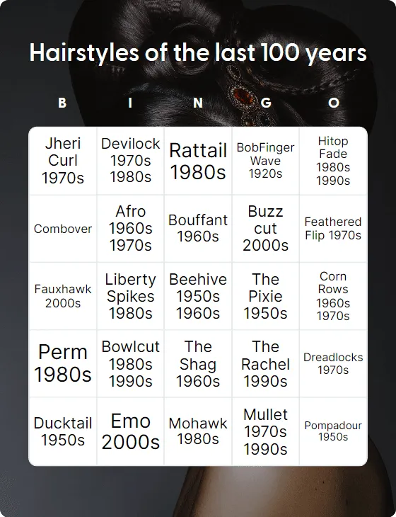 Hairstyles of the last 100 years bingo card template