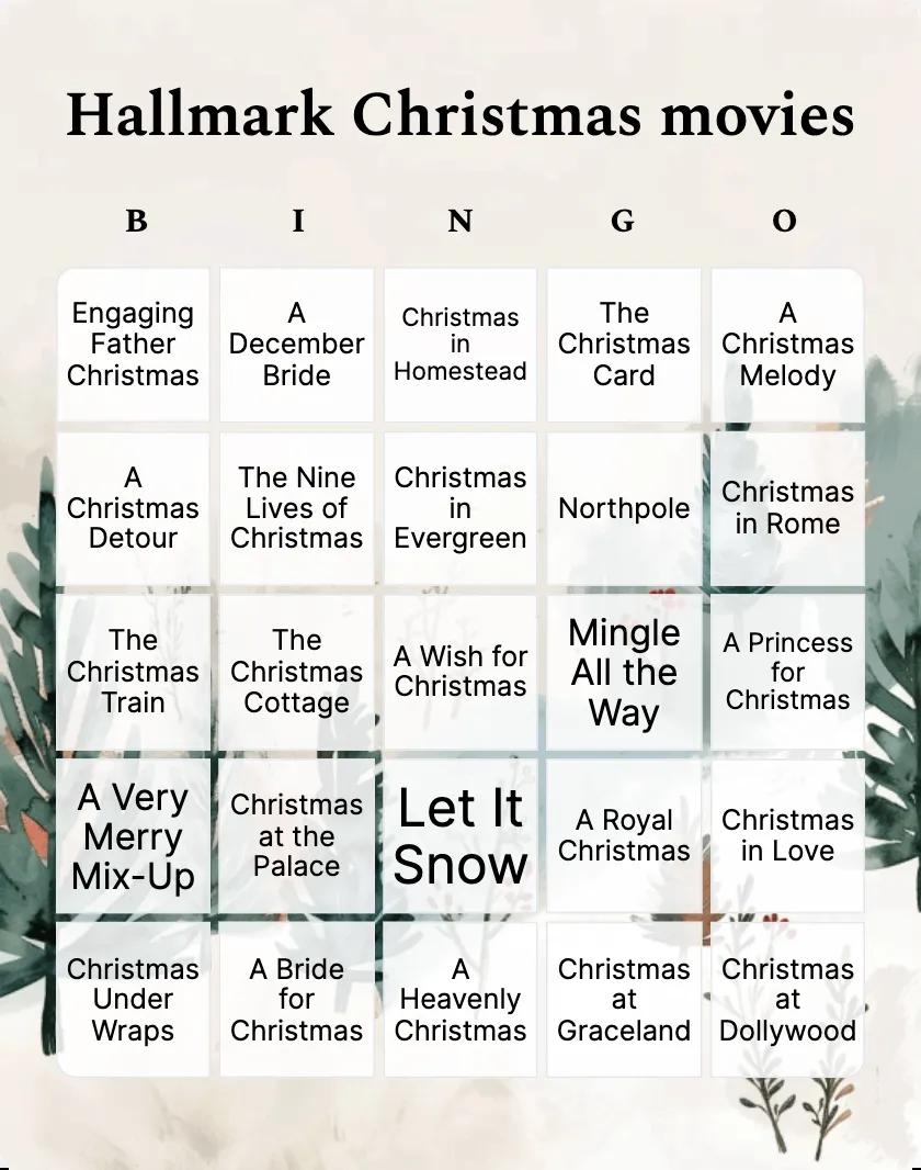 Hallmark Christmas Movies bingo card