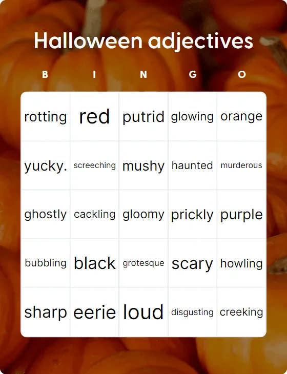 Halloween adjectives bingo card