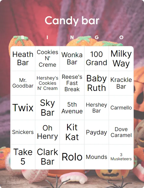 Halloween candy bar bingo card template