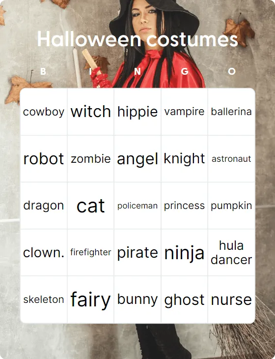 Halloween costumes bingo card