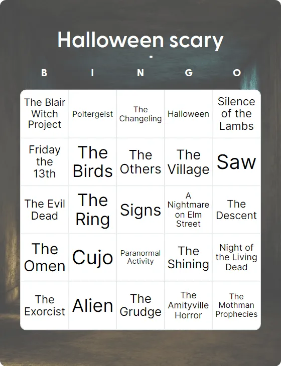Halloween scary movies bingo card