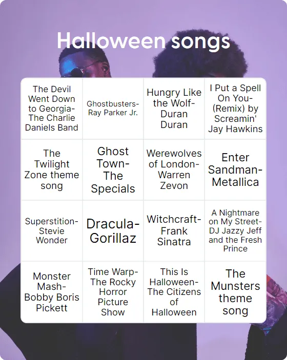 Halloween songs bingo card template