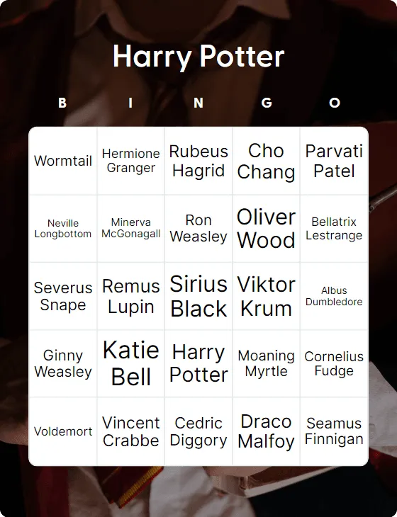 Harry Potter bingo card