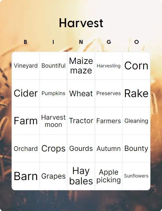 Harvest bingo card