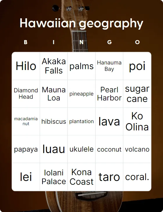 Hawaiian geography bingo card