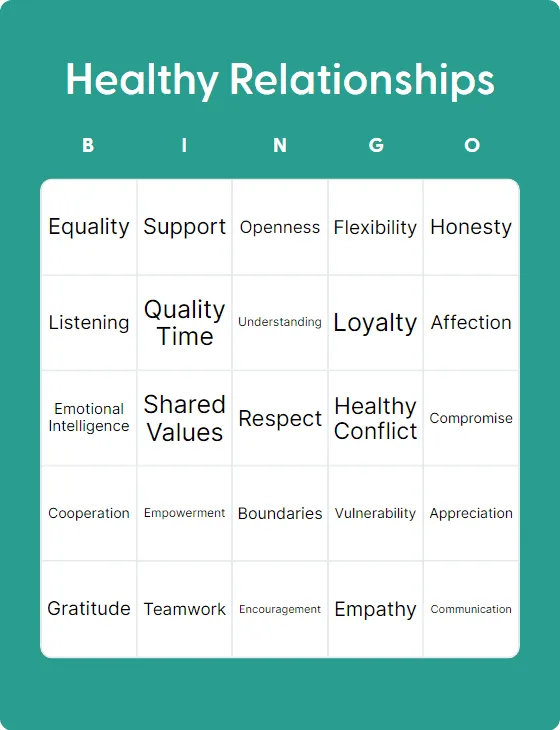 Healthy Relationships bingo card template