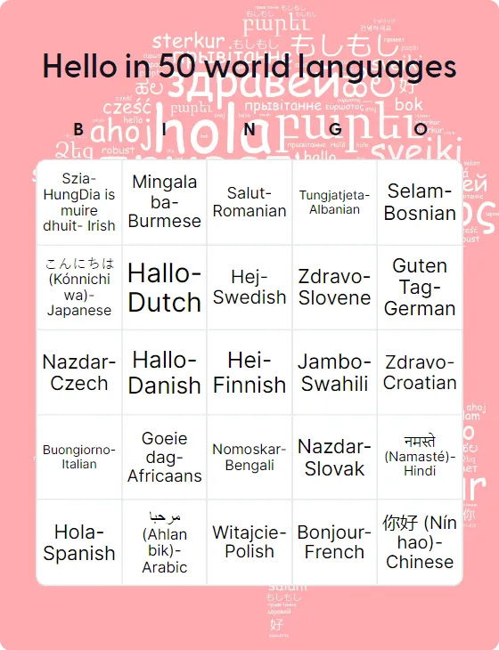 Hello in 50 world languages bingo card template