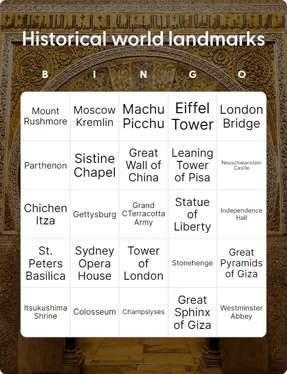 Historical world landmarks bingo card template