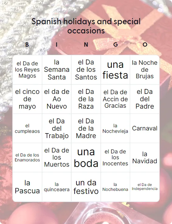 Holidays and special occasions bingo card