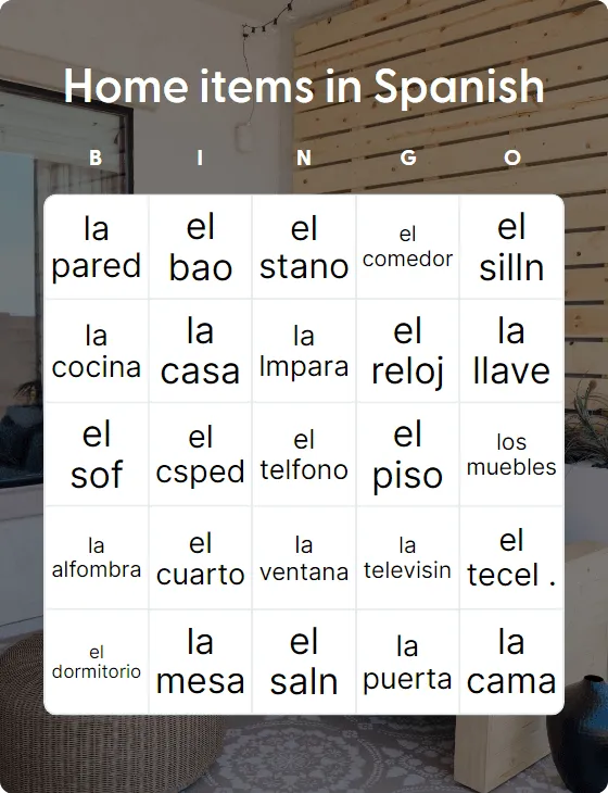 Home items in Spanish bingo card template