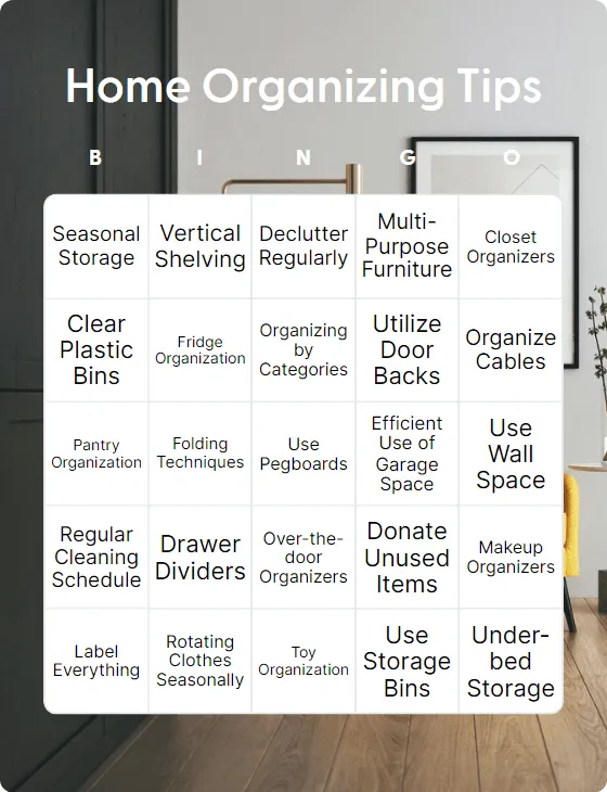 Home Organizing Tips bingo card template