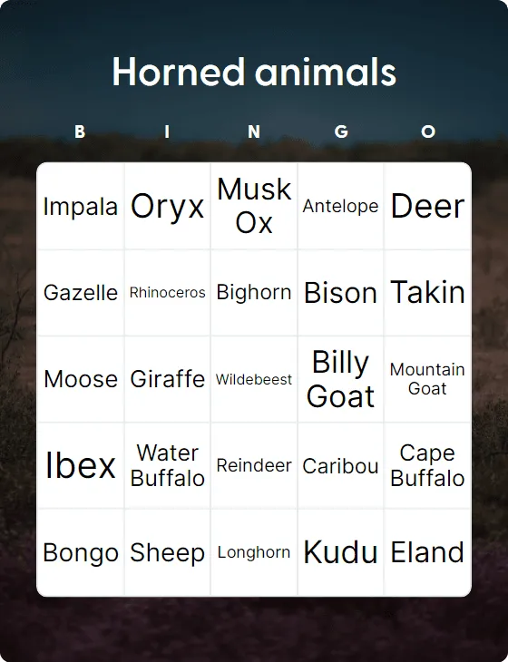 Horned animals bingo card