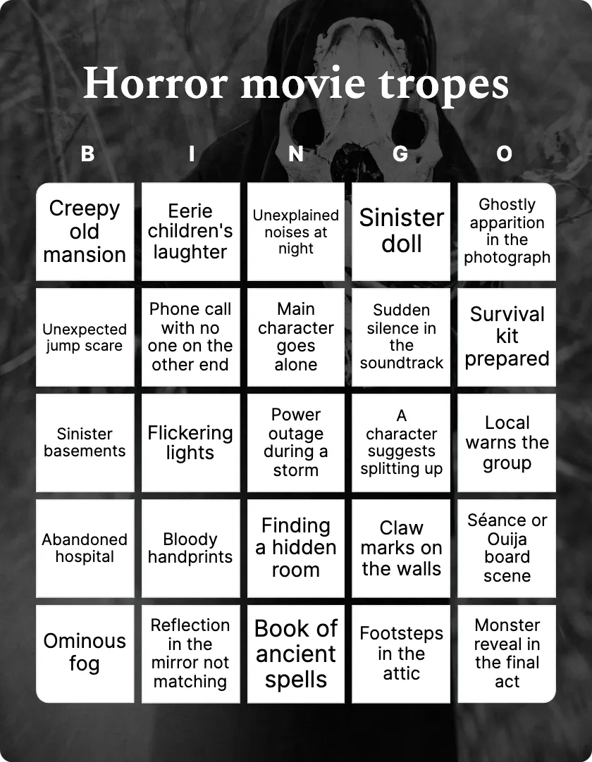 Horror movie game bingo card template