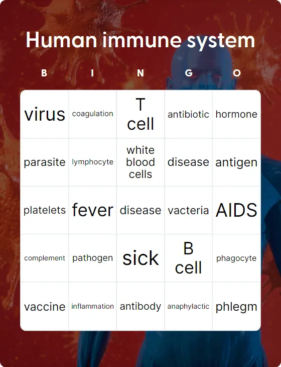 Human immune system bingo card template